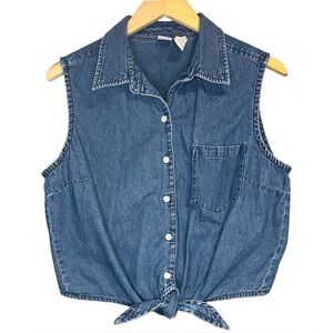 VTG Cherokee Denim Sleeveless Button-Up Top With Tie Detail